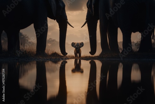 A beautiful golden photograph captures a family herd of elephants drinking in the golden hues of sunset at a waterhole in Madikwe Game Reserve, South Africa
