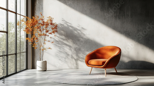 Japandi minimalist interior design of modern living room with accent armchair