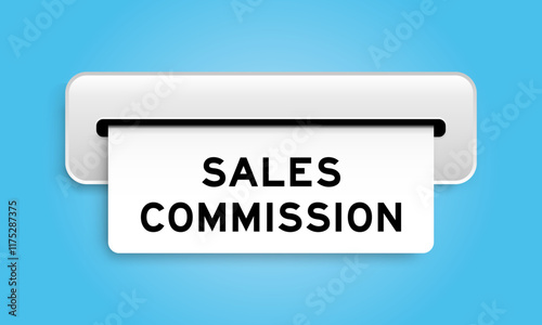 White coupon banner with word sales commission from machine on blue color background