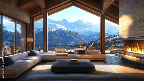 Luxury wooden chalet interior with fireplace and panoramic mountain view