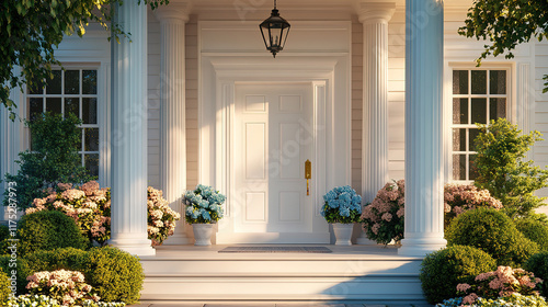Georgian Style Cottage Exterior Featuring White Front Door with Porch and Columns