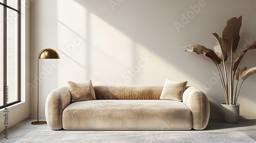 Modern Living Room Interior with Beige Velvet Sofa and Floor Lamp in Minimalist Style