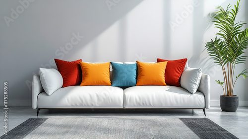 Minimalist modern living room with sofa adorned with colorful pillows
