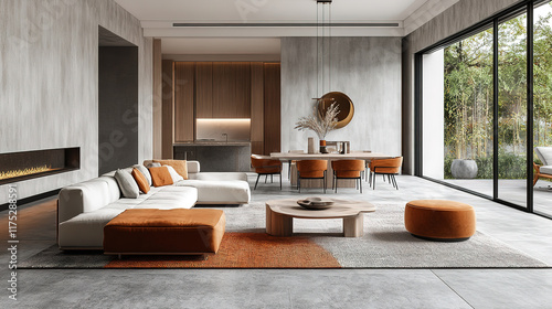 Japandi-Inspired Minimalist Living Room with Modern Dining Table and Natural Aesthetic