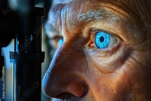 Checking the patient's vision with ophthalmologic equipment, modern apparatus, slit lamp, retinoscope in the clinical hospital photo