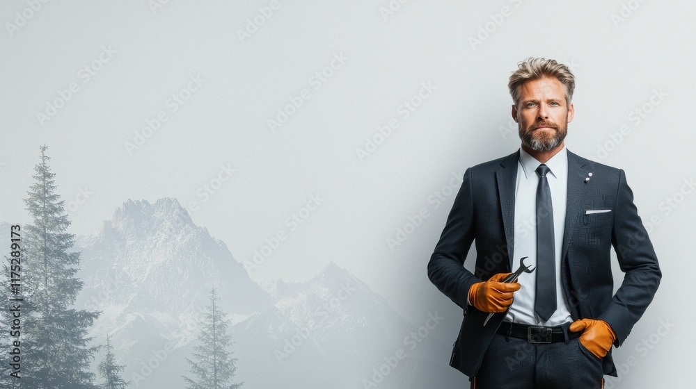 Confident engineer in tailored suit and safety gloves urban industrial setting professional portrait modern environment close-up view empowerment and innovation Confident engineer in tailored suit and safety gloves urban industrial setting professional portrait modern environment close-up view empowerment and innovation