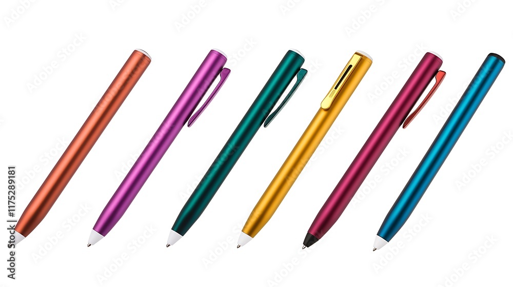 A row of pens in various colors, including purple, green, and blue A row of pens in various colors, including purple, green, and blue
