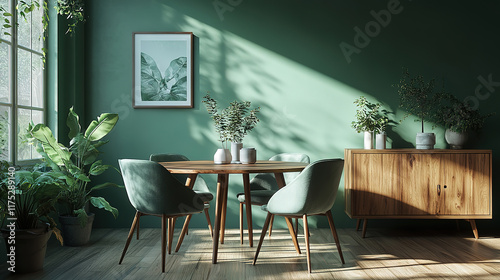 Mint color chairs at round wooden dining table in Scandinavian mid-century modern living room