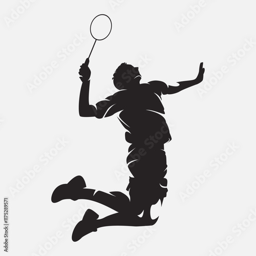 Silhouette of male badminton player doing jumping smash. Vector logo illustration.