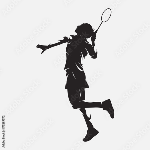 Silhouette of female badminton player doing jumping smash. Vector logo illustration.