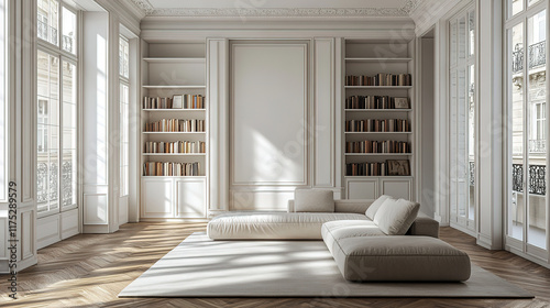 Parisian minimalist living room with sofa, bookcase, and French windows on parquet floor