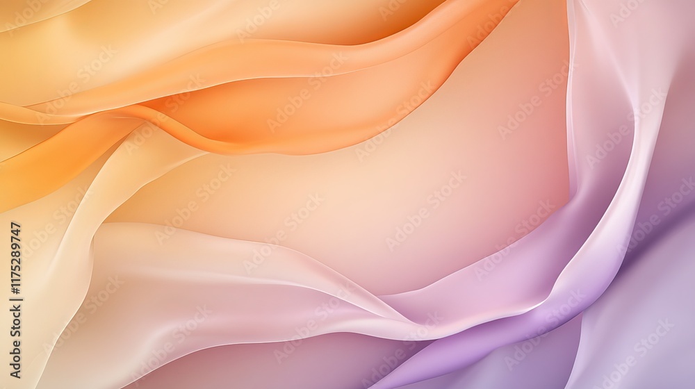 Obraz premium Abstract image of flowing pastel-colored fabric. Soft, gentle curves and gradients of orange, pink, and purple create a serene and elegant mood.