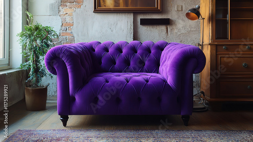 Purple Tufted Snuggle Chair in Boho Modern Living Room