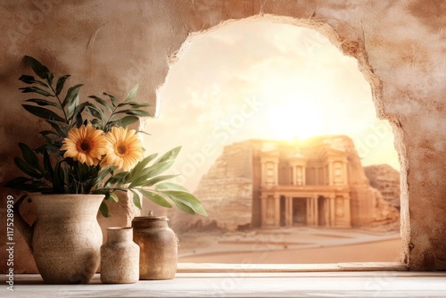 A panoramic view of Petra Al-Khazneh (The Treasury), with its sandstone faÃ§ade glowing under the golden sun photo