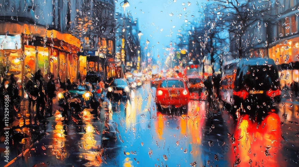 Fototapeta premium Rainy Night Cityscape Viewed Through Wet Window