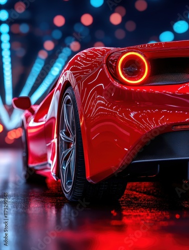 Vibrant Red Sports Car With Bokeh Lights and Reflections at Night