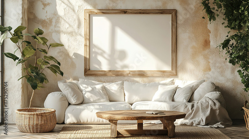 Rustic coffee table and wicker basket near white sofa with art frame in boho country living room
