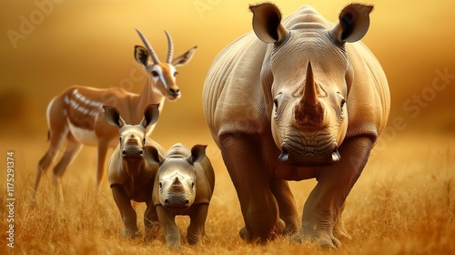 At Khama Rhino Sanctuary in Kenya, Africa, the White Rhinoceros Ceratotherium simum, or Square-lipped Rhinoceros, can be seen at sunset photo