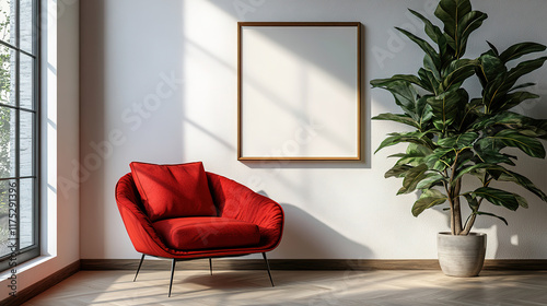 Red accent armchair in Scandinavian modern living room with wall frame