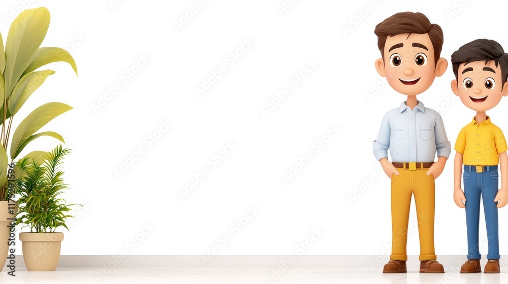 Two cheerful cartoon characters standing beside plants in a bright, minimalistic environment Two cheerful cartoon characters standing beside plants in a bright, minimalistic environment
