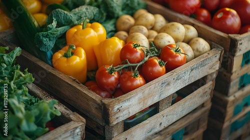 Farmers market display presents fresh organic produce in wooden crates, featuring colorful arrangement of vegetables including tomatoes, cucumbers, potatoes, and leafy greens.