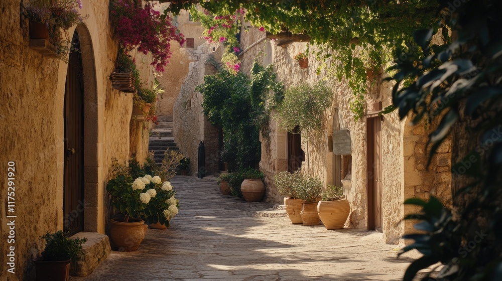 Sunlit Stone Alleyway Charming Mediterranean Village