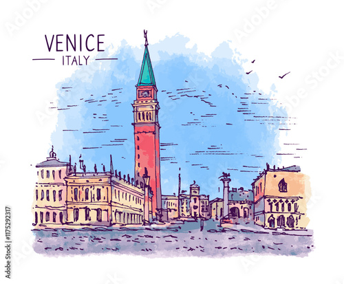 Architecture sketch illustration. An urban colorful landscape of The Doge's Palace facing the lagoon in Venice, Italy. Freehand digital drawing. Hand drawn travel postcard. Banner, poster. Vector