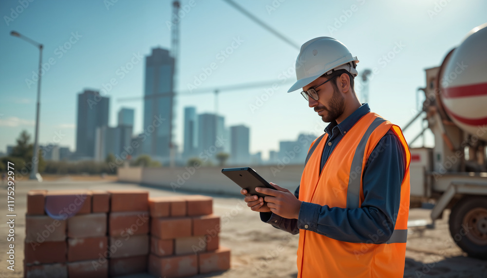 Construction Worker Using Tablet on Job Site Construction Worker Using Tablet on Job Site