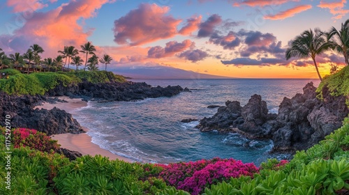 Tropical Sunset Over Volcanic Coastline Beach Paradise