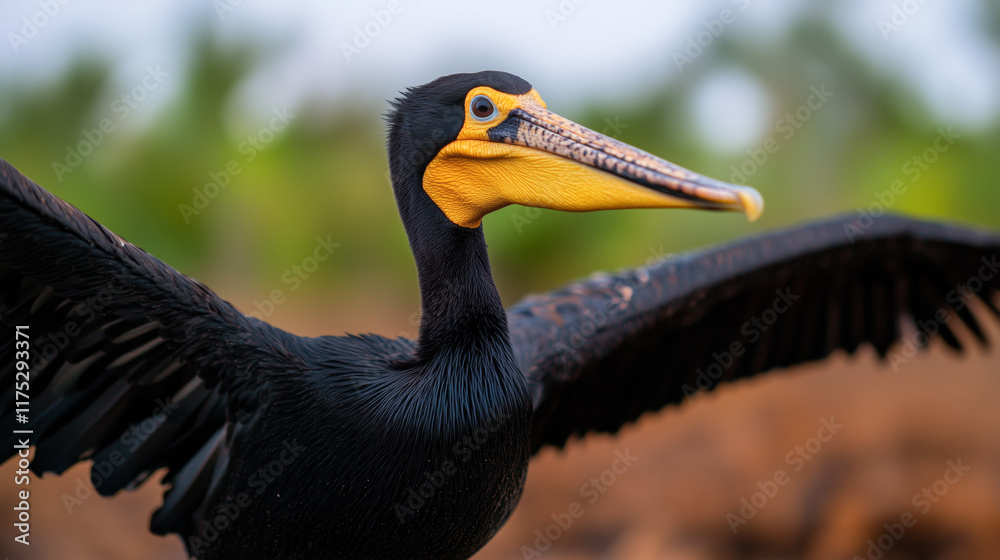 Obraz premium A black cormorant with vibrant yellow beak spreading its wings