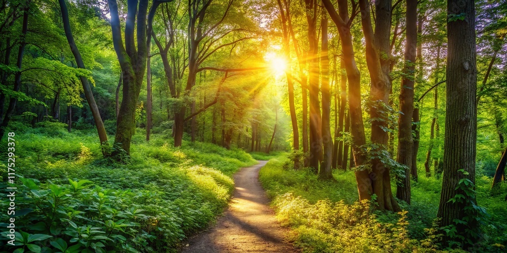 Obraz premium Sunlit Forest Path: Candid Nature Photography - A Serene Woodland Trail