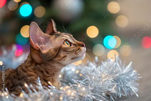 Festive devon rex cat playing among colorful tinsel with holiday lights. photo