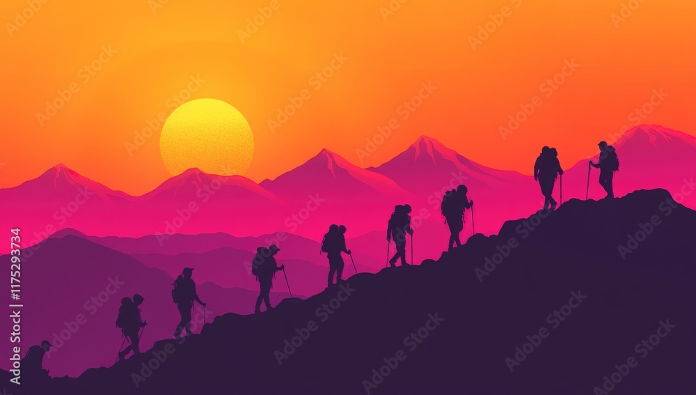 Sunset Hikers: Majestic Mountain Ascent Sunset Hikers: Majestic Mountain Ascent