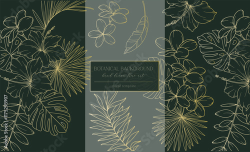 Tropical Flowers Outline. Line Art Tropical Plants. Botanical Background with trendy minimalist tropical plants and flowers. Luxury Floral Line Art Illustration.