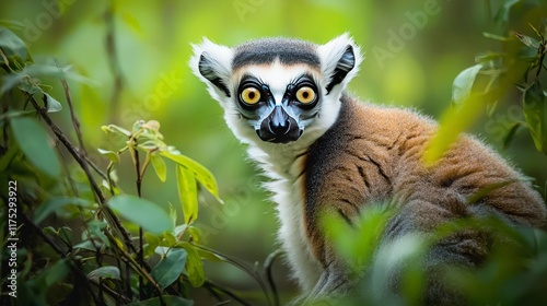 Curious ring-tailed lemur in Madagascar forest.