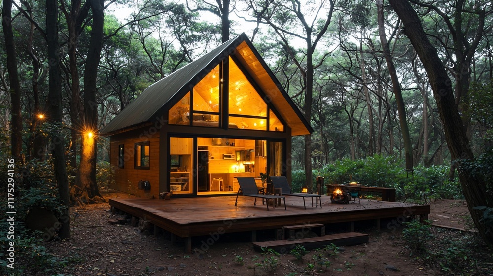 Illuminated A-frame cabin in woods at night. Illuminated A-frame cabin in woods at night.