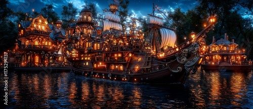 Wallpaper Mural A series of fantastical airships and glowing magical cities, showcasing intricate designs, illuminated structures, and a vibrant dreamlike atmosphere set in a mystical world. Torontodigital.ca