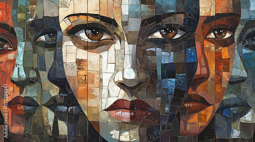  A mosaic of faces forming a single powerful figure, symbolizing unity in diversity photo