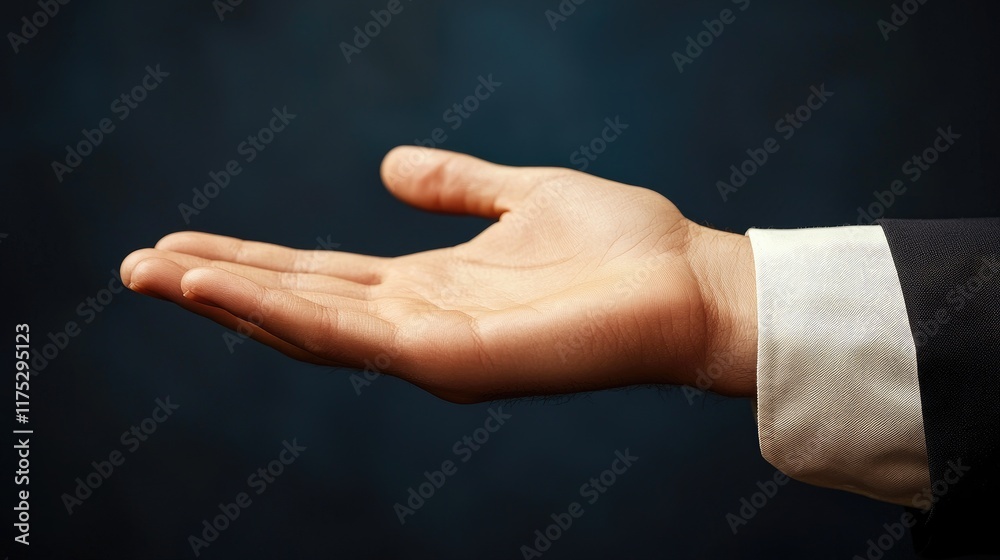 Open Hand, Offering Help and Support: A Close-Up Image of a Man's Hand on a Dark Background Open Hand, Offering Help and Support: A Close-Up Image of a Man's Hand on a Dark Background