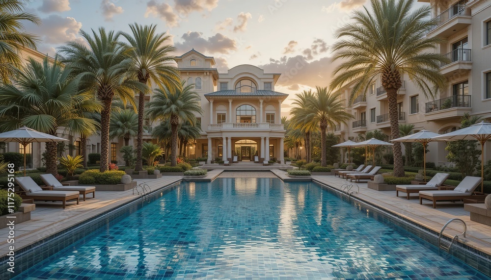 Fototapeta premium Luxury Resort Pool at Sunset: Tranquil escape at a luxurious resort. Palm trees frame a stunning pool reflecting a vibrant sunset, creating an idyllic scene of serenity and relaxation. 