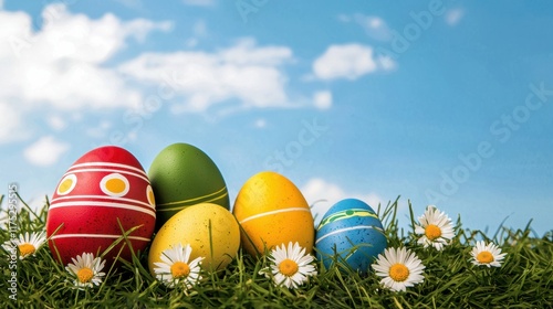 Colorful easter eggs in grass under blue sky with daisies photo