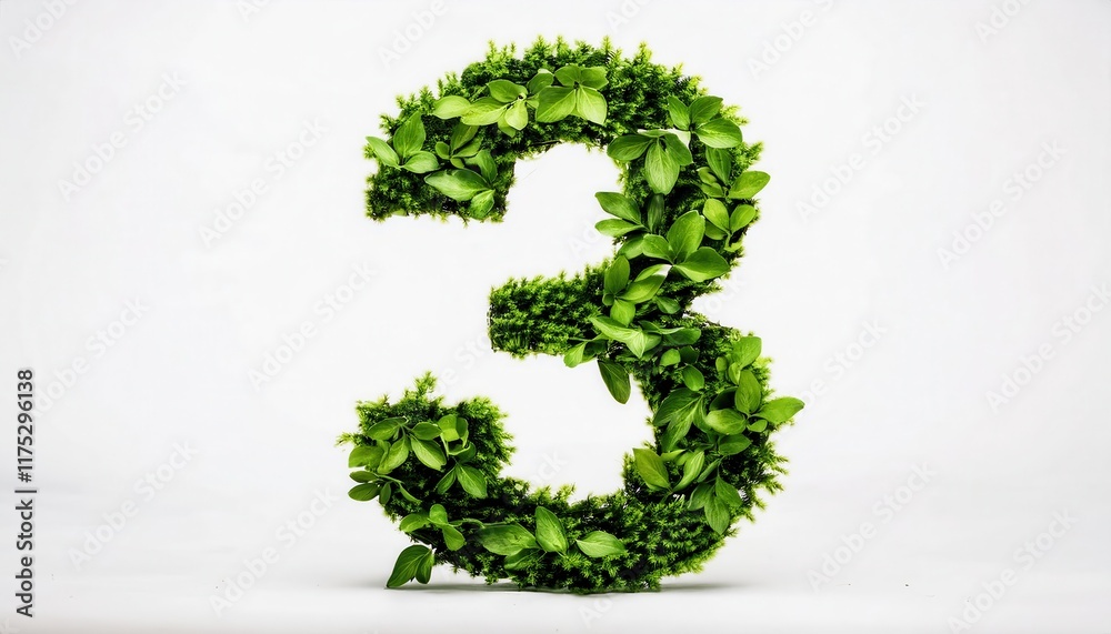Three 3 Made of Lush Green Leaves and Moss: Eco-Friendly Numeral Design for Sustainability, Nature-Themed Projects, and Environmental Art Three 3 Made of Lush Green Leaves and Moss: Eco-Friendly Numeral Design for Sustainability, Nature-Themed Projects, and Environmental Art