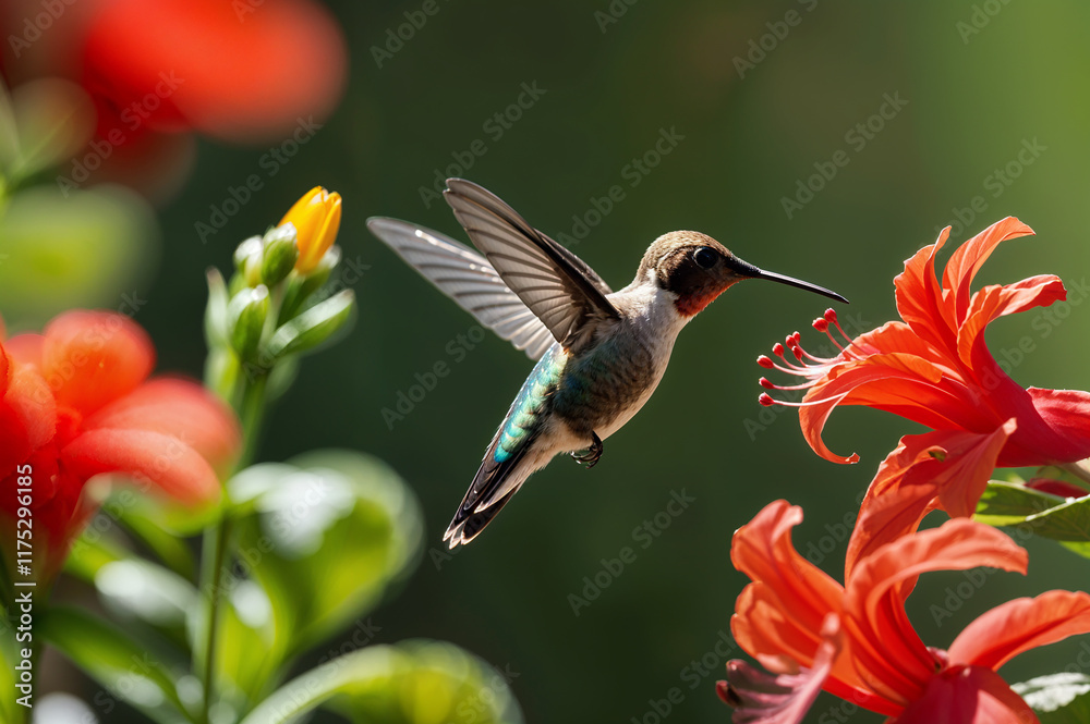Naklejka premium Close up of a hummingbird feeding from a red flower, wildlife