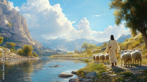 Jesus as Shepherd in Serene Natural Landscape