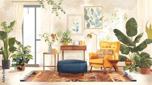 Cozy and Inviting Living Room with Natural Decor and Botanical Elements