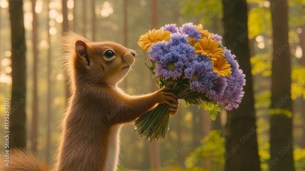 Fototapeta premium Beautiful flowers and a cute squirrel in the garden. Stock