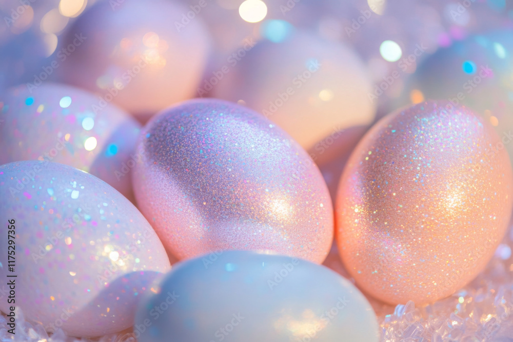 Glittery Pastel Eggs Arranged Elegantly on a Soft Surface for Decoration or Celebration Purposes Glittery Pastel Eggs Arranged Elegantly on a Soft Surface for Decoration or Celebration Purposes