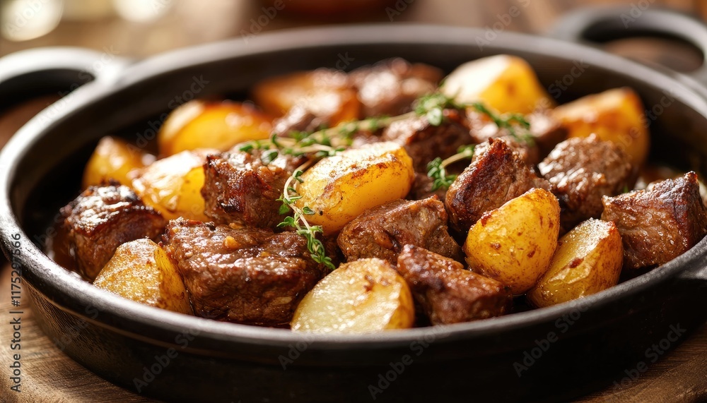 Roasted Beef Cubes and Potatoes in a Dish Roasted Beef Cubes and Potatoes in a Dish
