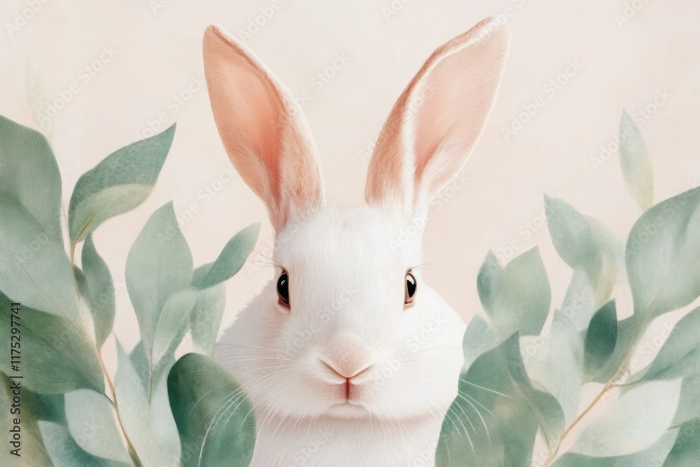 Charming Bunny Greeting Card Design Featuring Soft Green Leaves and a Serene Expression, Perfect for Any Occasion Charming Bunny Greeting Card Design Featuring Soft Green Leaves and a Serene Expression, Perfect for Any Occasion