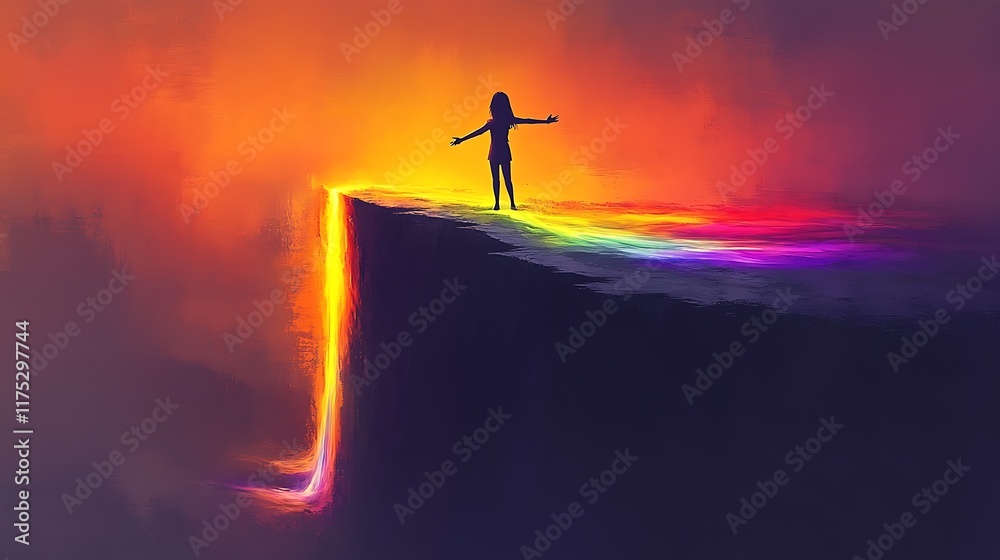 Woman embraces rainbow cliff edge sunset hope. Woman embraces rainbow cliff edge sunset hope.